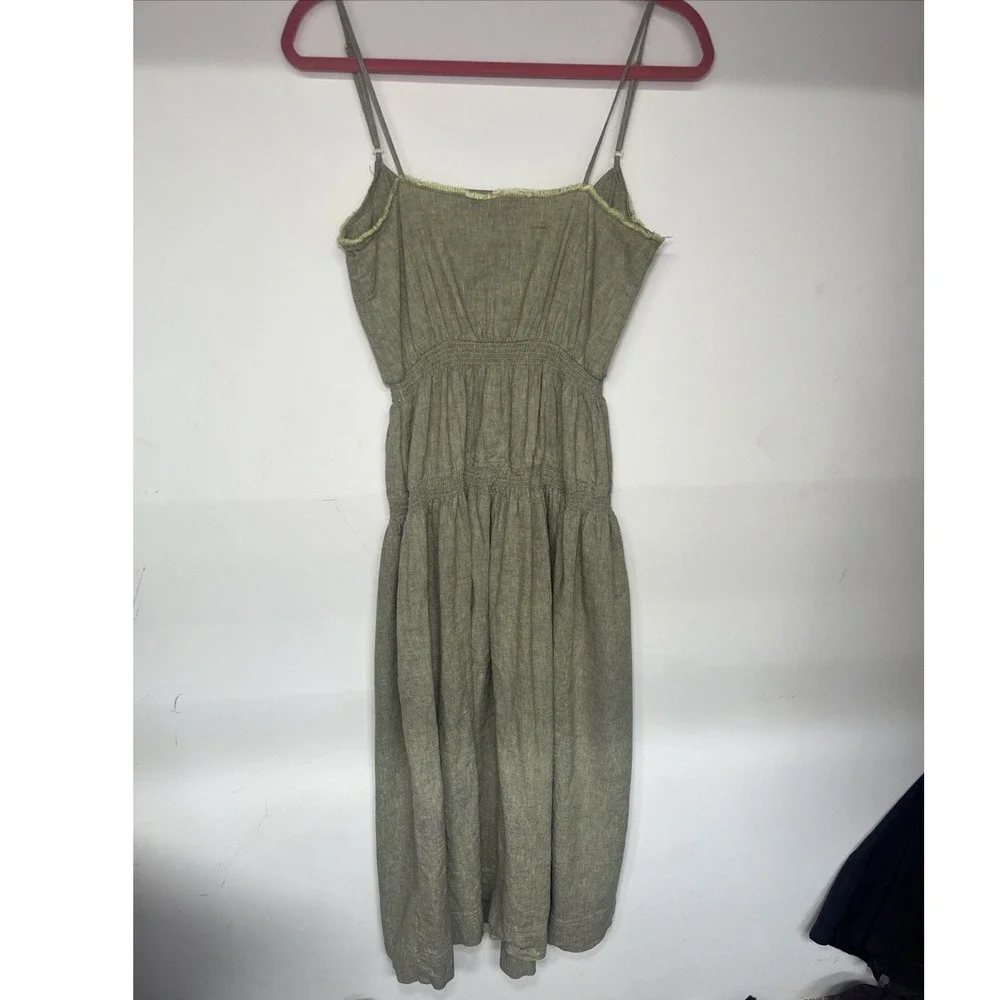 Urban Outfitters Linen Blend Midi Dress Sage Olive Green Smocked Button Front M - Picture 11 of 13
